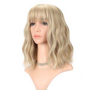 New FAELBATY Blonde Wig Loose Wave Short Bob Colorful Wig with Air Bangs